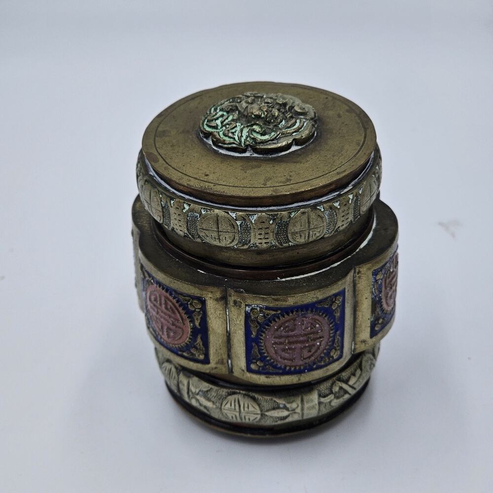 Vintage Chinese Lidded Enamel Brass Tea Caddy Snuff Jar Blue Red